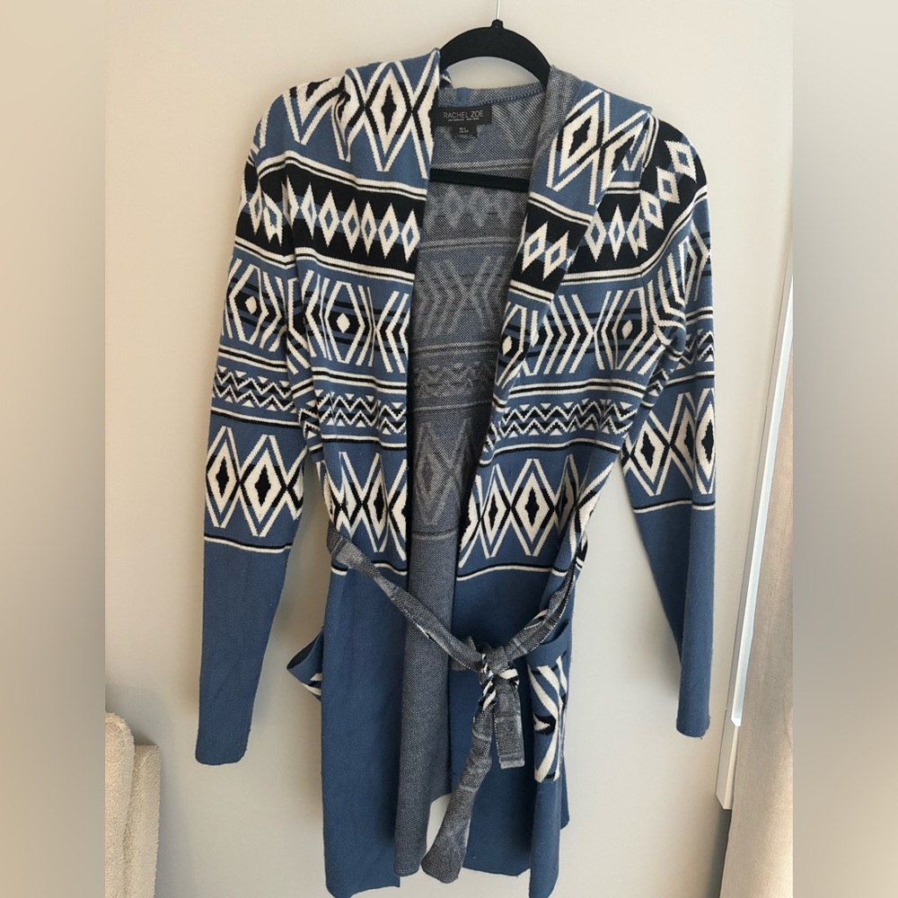 Rachel Zoe Blue and Ivory Patterned Knit Cardigan